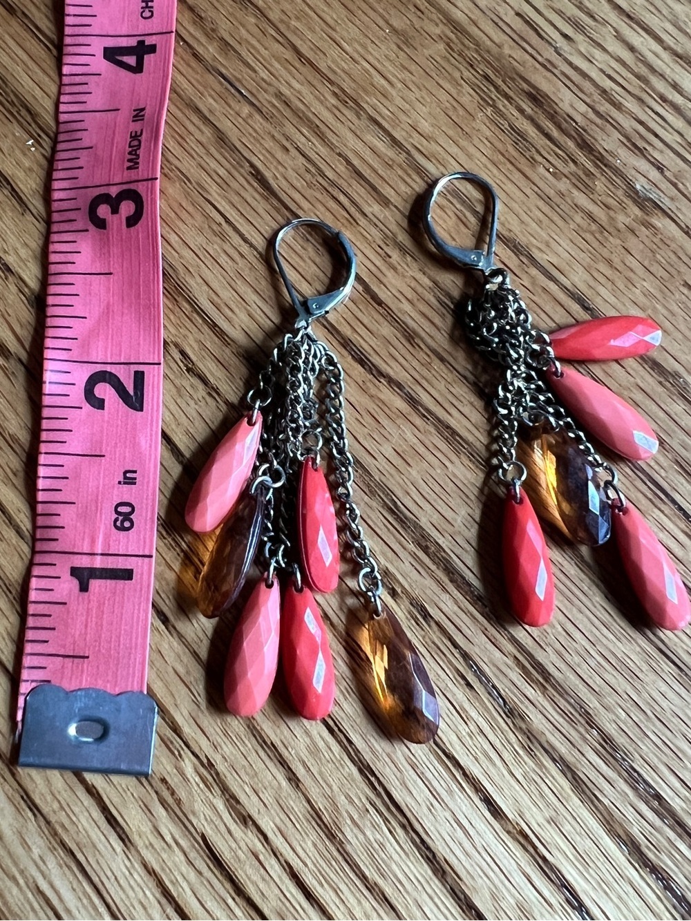 Vintage Dangle Teardrop Cluster Earrings in Coral and Amber - Picture 2 of 2